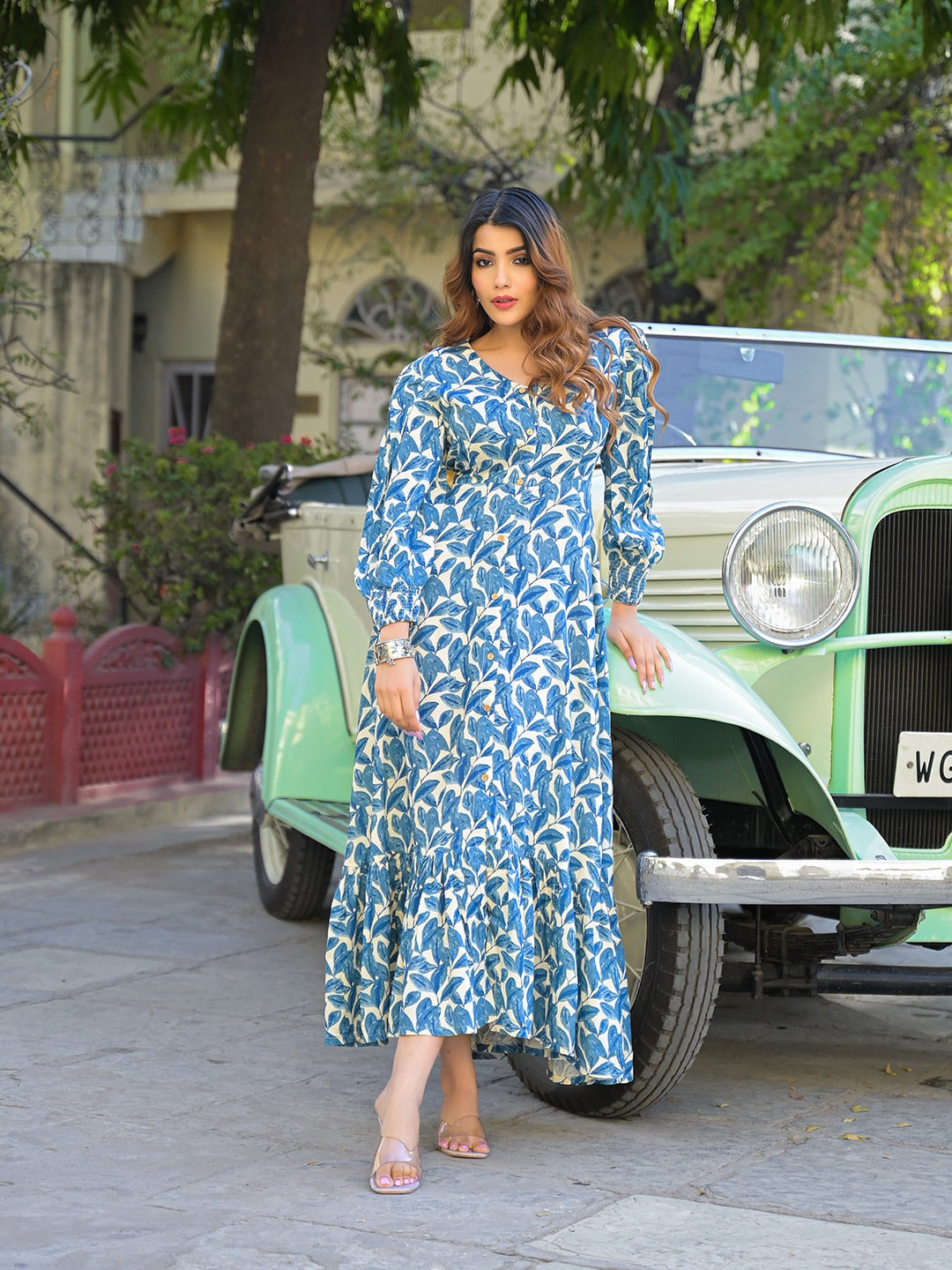 Blue Floral Print Fit & Flare Maxi Dress