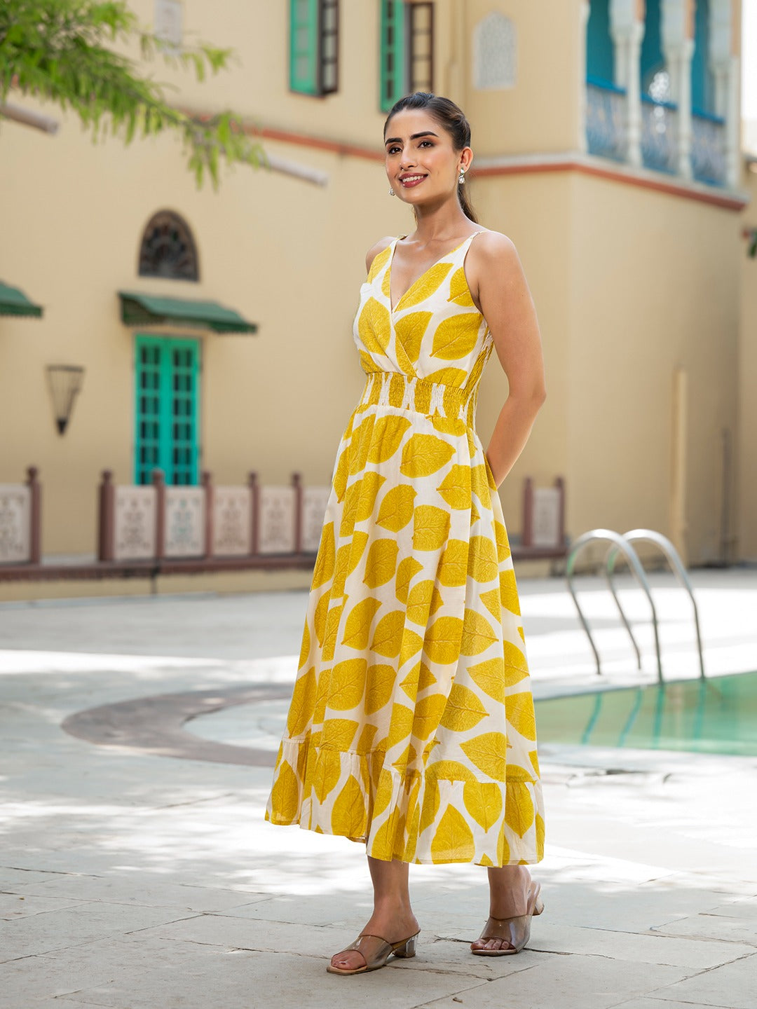 Yellow Printed Cotton Fit & Flare Dress