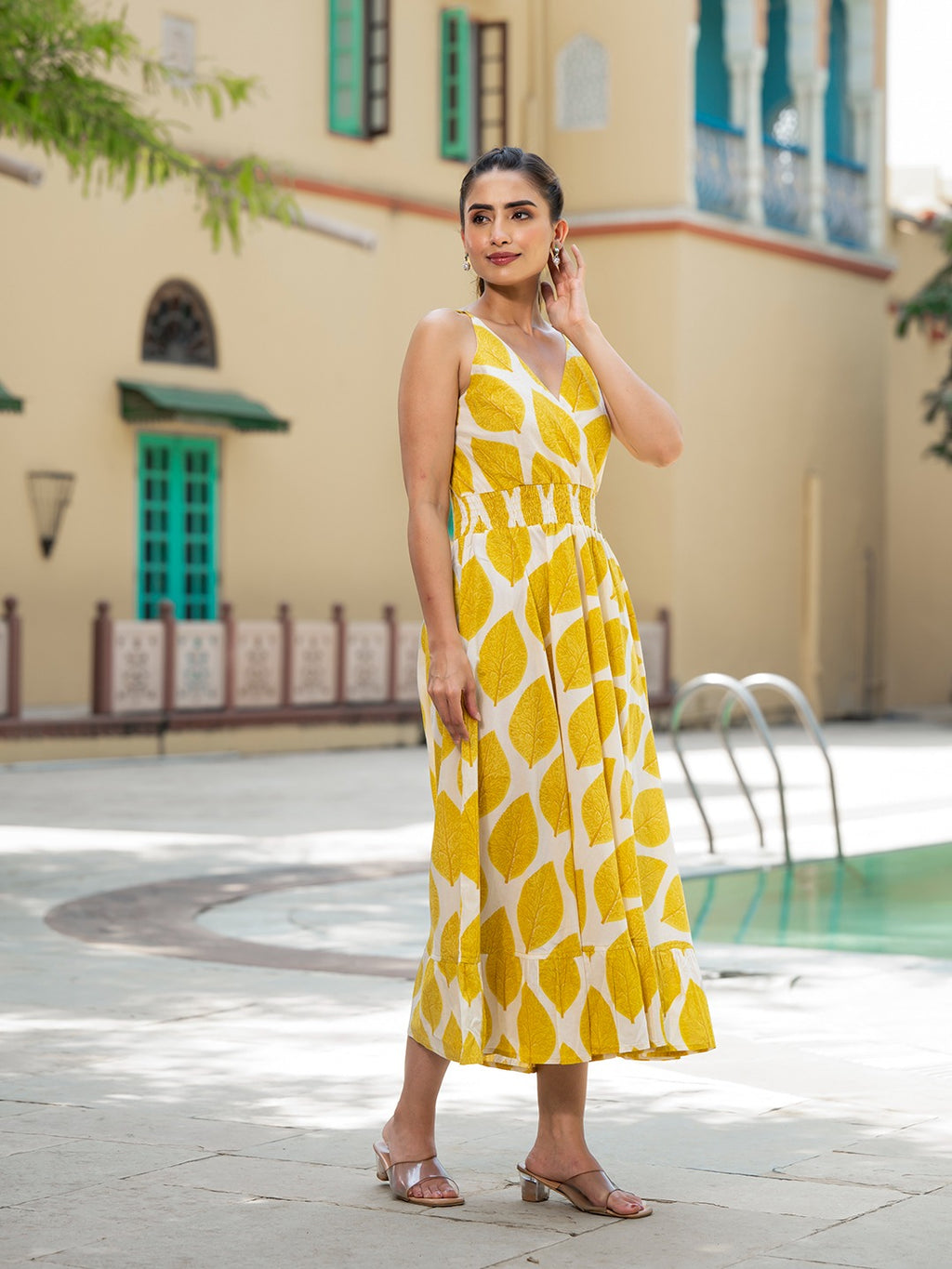 Yellow Printed Cotton Fit & Flare Dress
