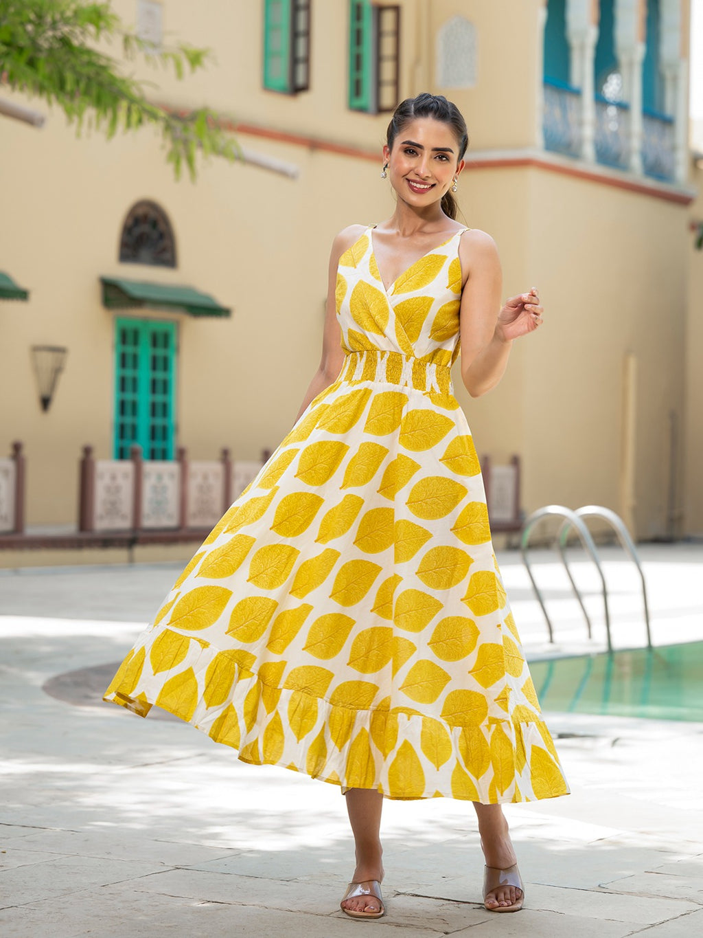 Yellow Printed Cotton Fit & Flare Dress