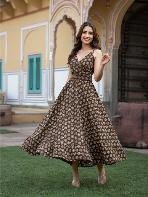 Brown Floral Print Cotton Fit & Flare Dress