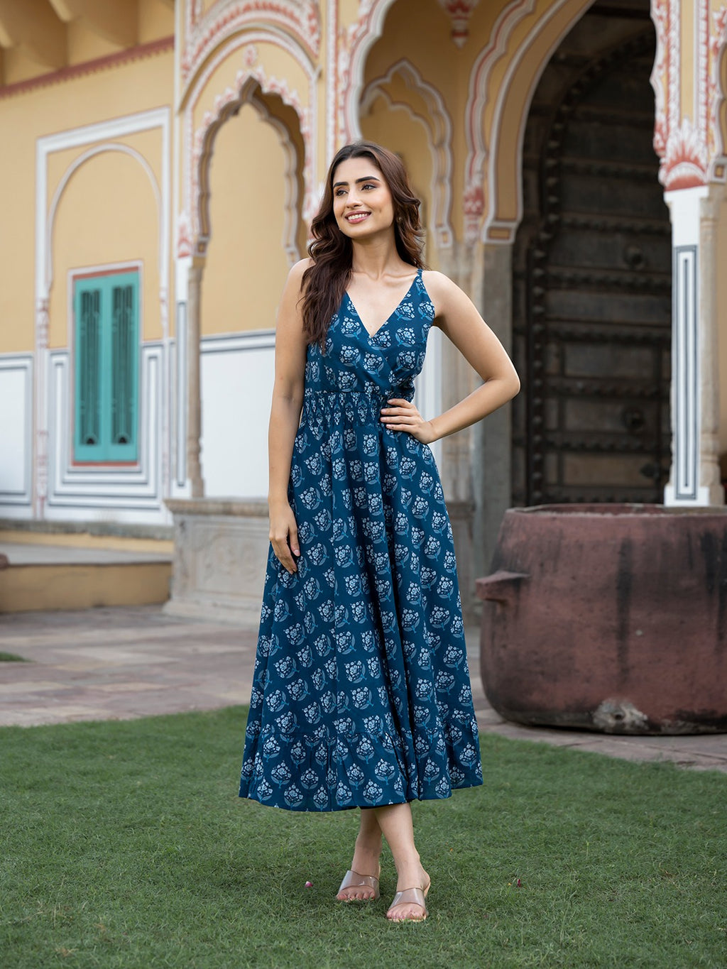 Indigo Blue Floral Print Cotton Fit & Flare Dress