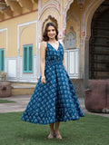 Indigo Blue Floral Print Cotton Fit & Flare Dress