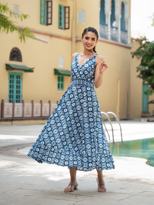 Blue Floral Print Cotton Fit & Flare Dress