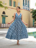 Blue Floral Print Cotton Fit & Flare Dress