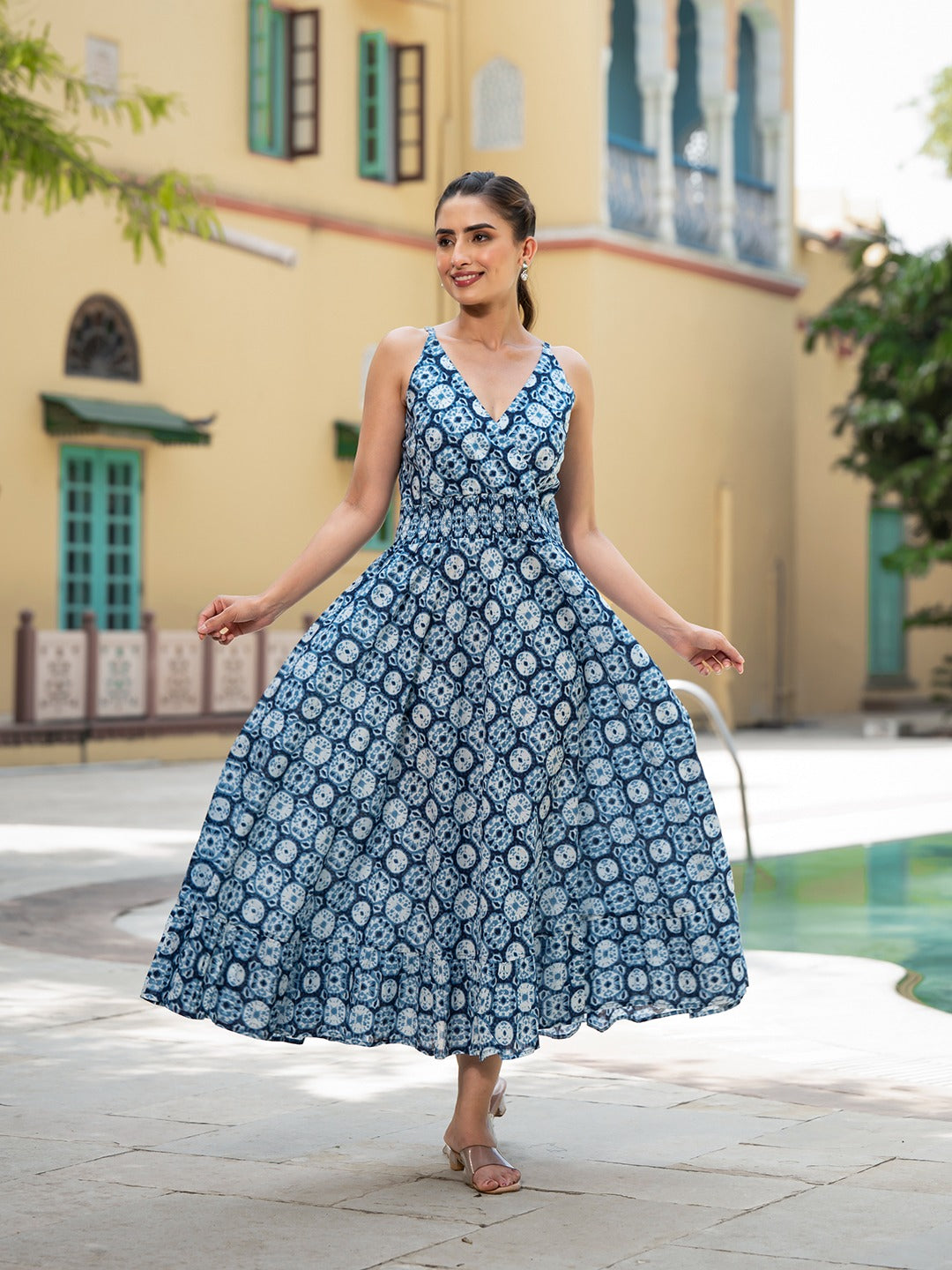Blue Floral Print Cotton Fit & Flare Dress