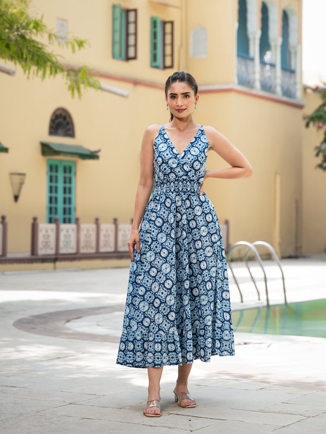 Blue Floral Print Cotton Fit & Flare Dress