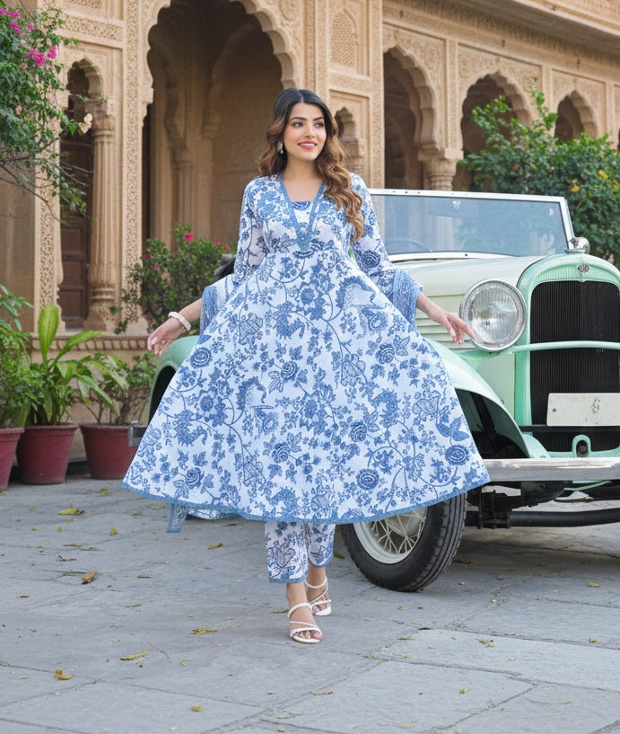 Blue Floral Print Pure Cotton Anarkali Kurta Set With Trousers & Dupatta