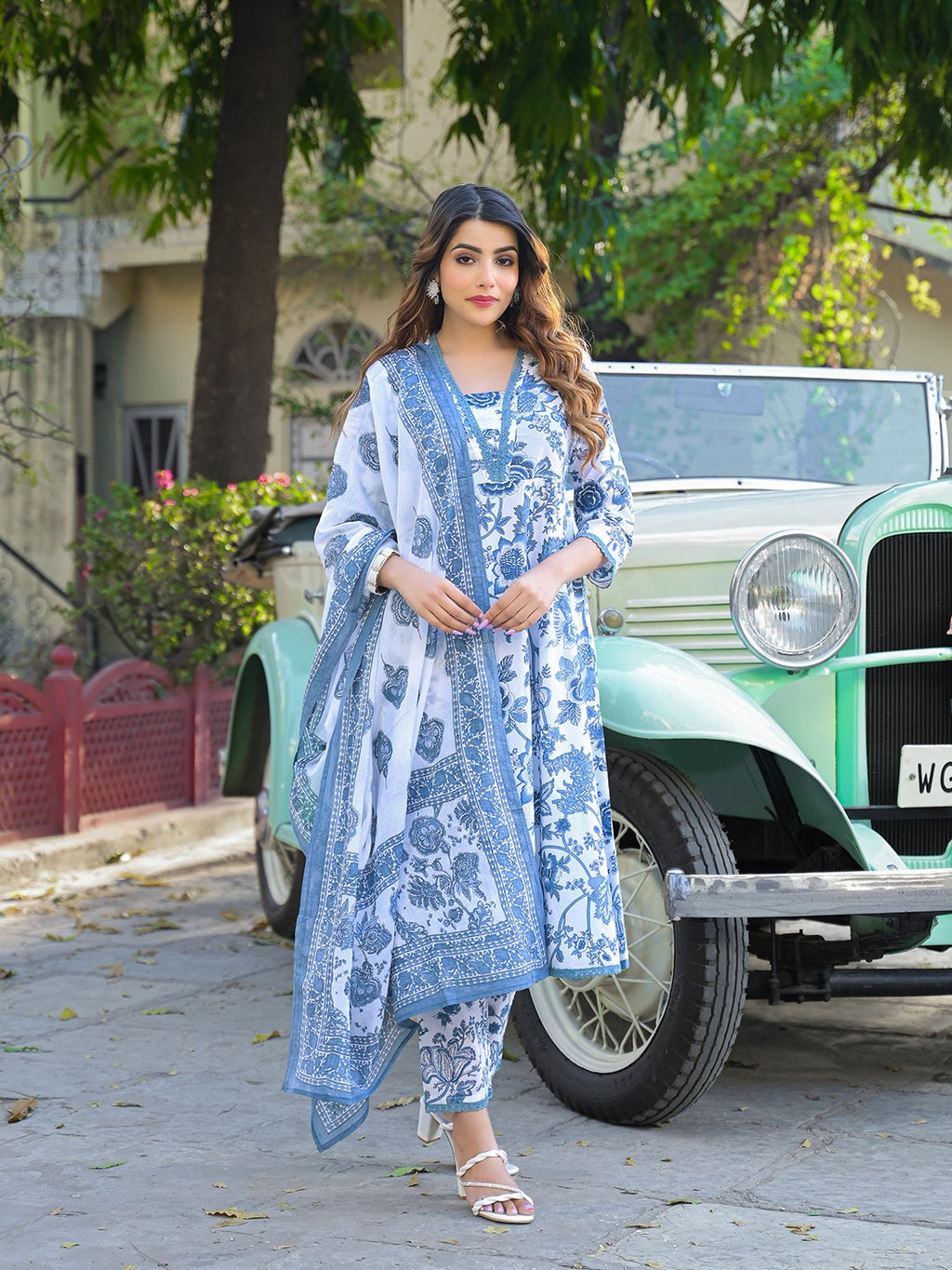 Blue Floral Print Pure Cotton Anarkali Kurta Set With Trousers & Dupatta