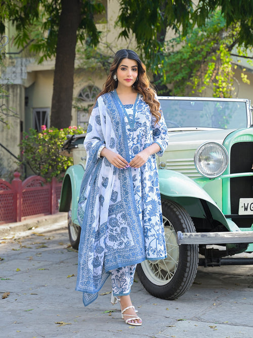 Blue Floral Print Pure Cotton Anarkali Kurta Set With Trousers & Dupatta
