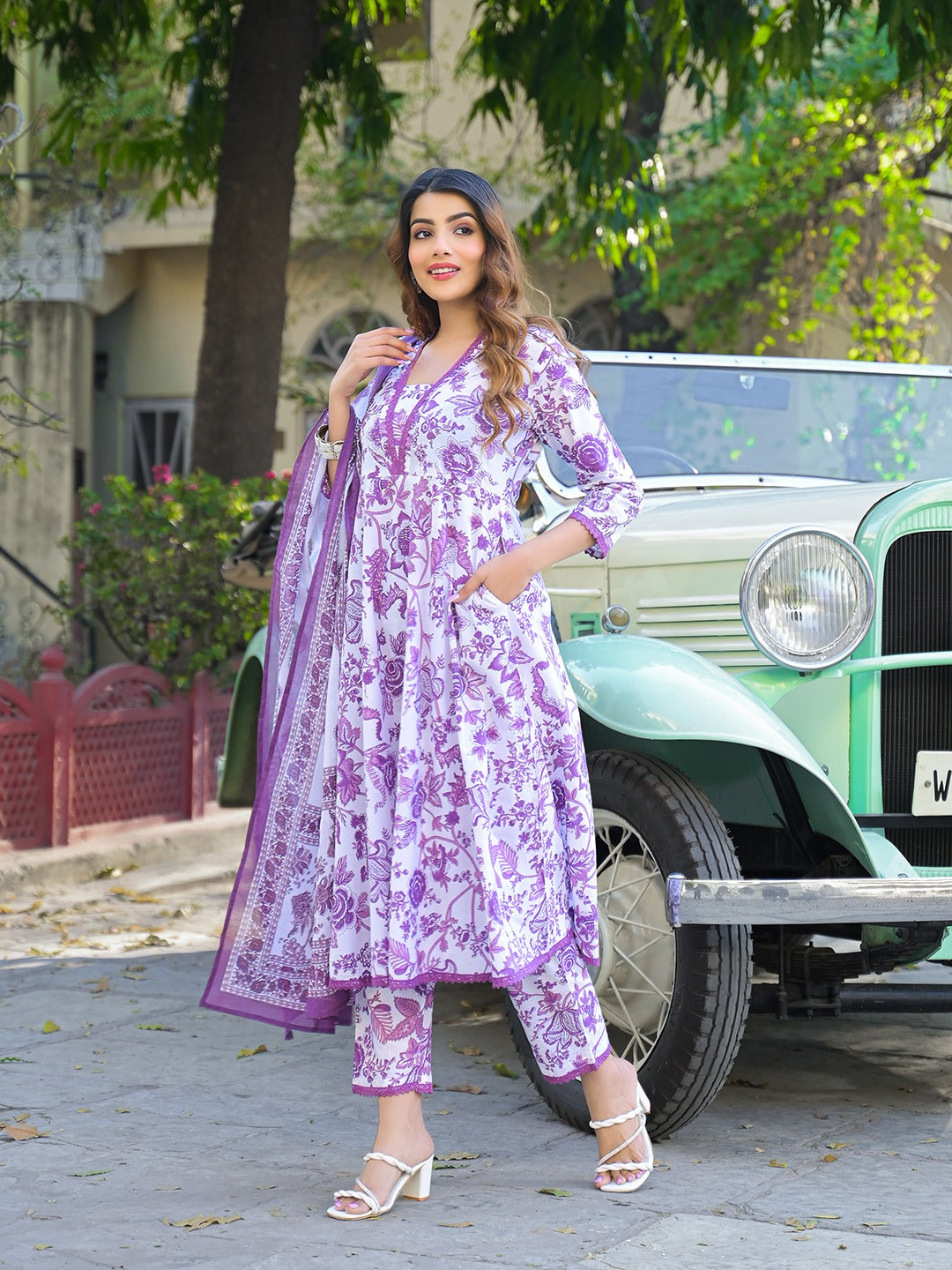 Purple Floral Print Pure Cotton Anarkali Kurta Set With Trousers & Dupatta