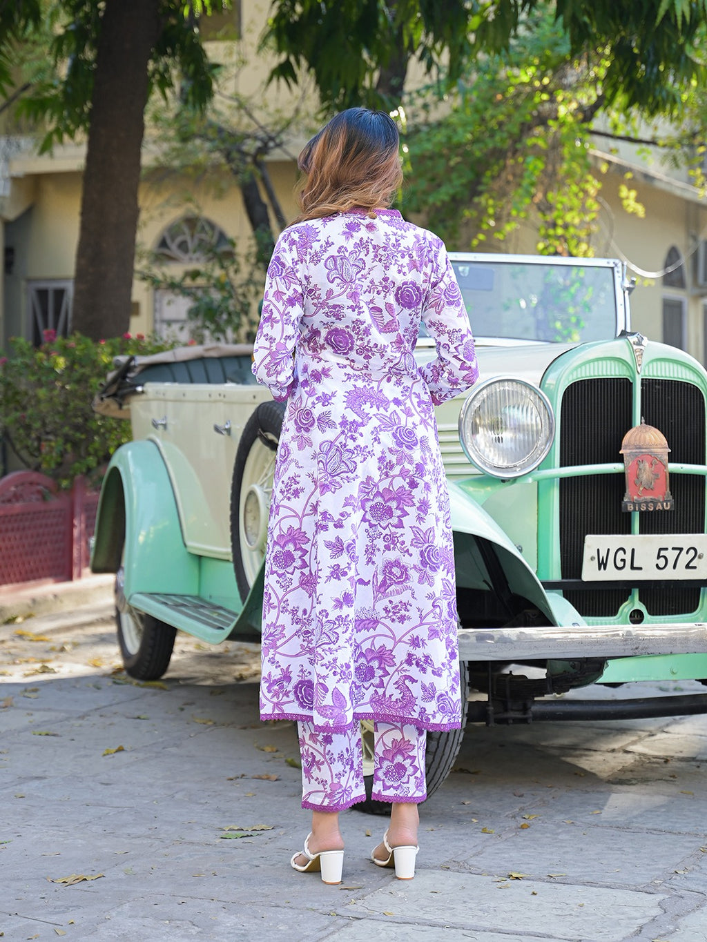 Purple Floral Print Pure Cotton Anarkali Kurta Set With Trousers & Dupatta