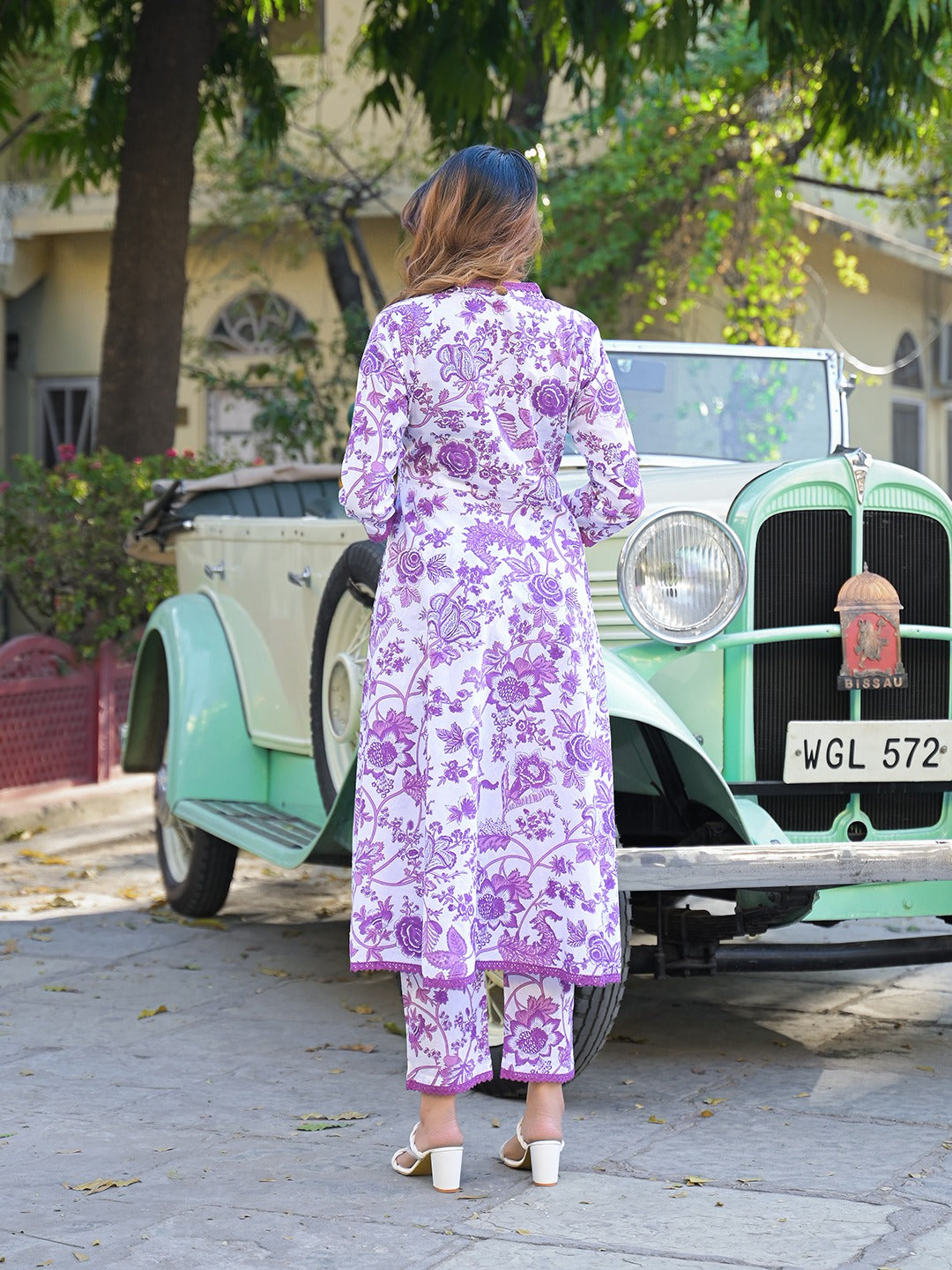 Purple Floral Print Pure Cotton Anarkali Kurta Set With Trousers & Dupatta
