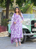 Purple Floral Print Pure Cotton Anarkali Kurta Set With Trousers & Dupatta