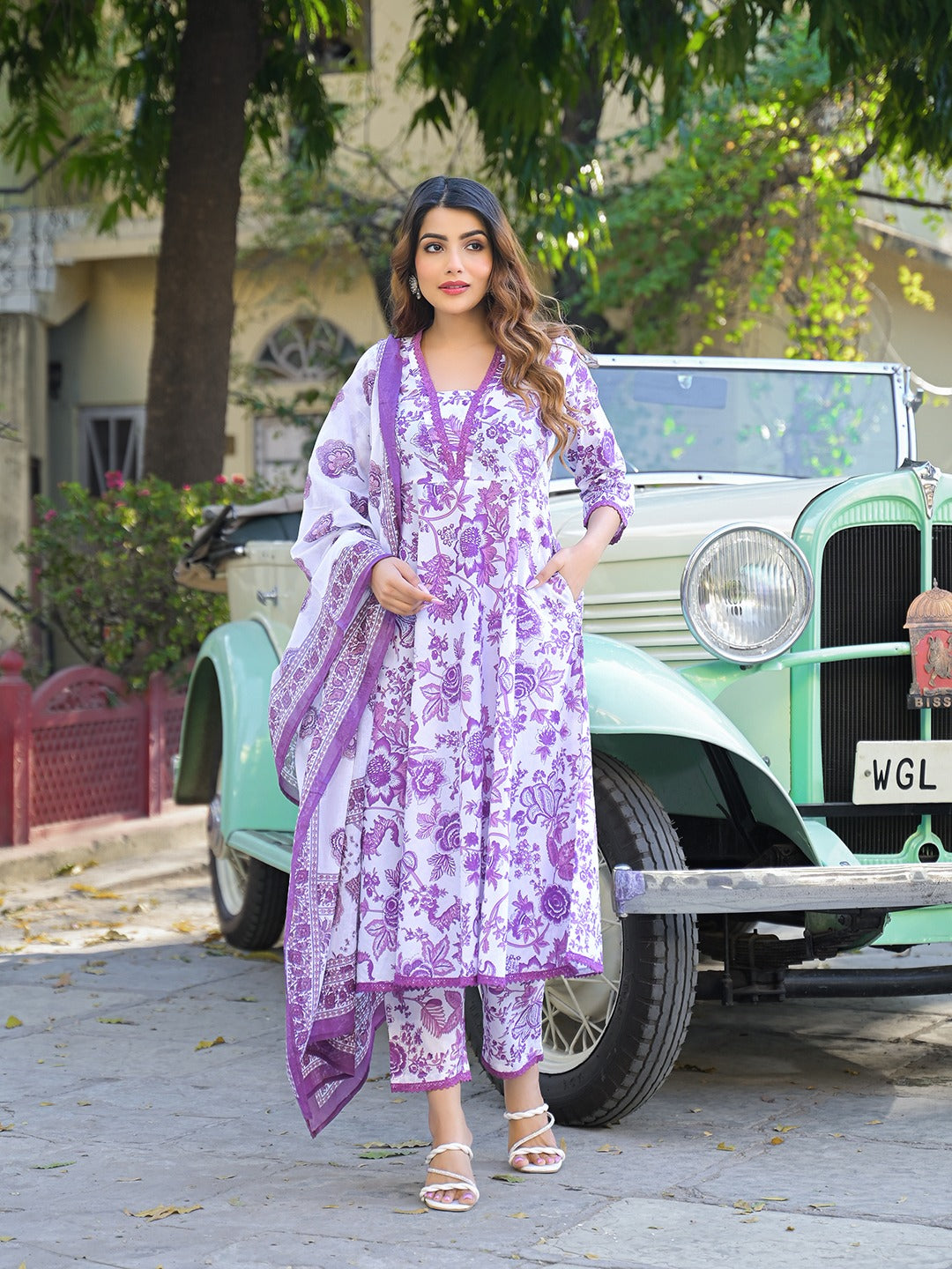 Purple Floral Print Pure Cotton Anarkali Kurta Set With Trousers & Dupatta