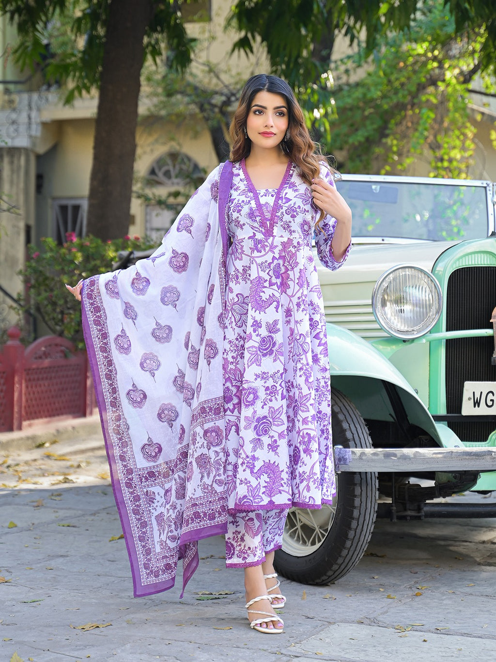 Purple Floral Print Pure Cotton Anarkali Kurta Set With Trousers & Dupatta