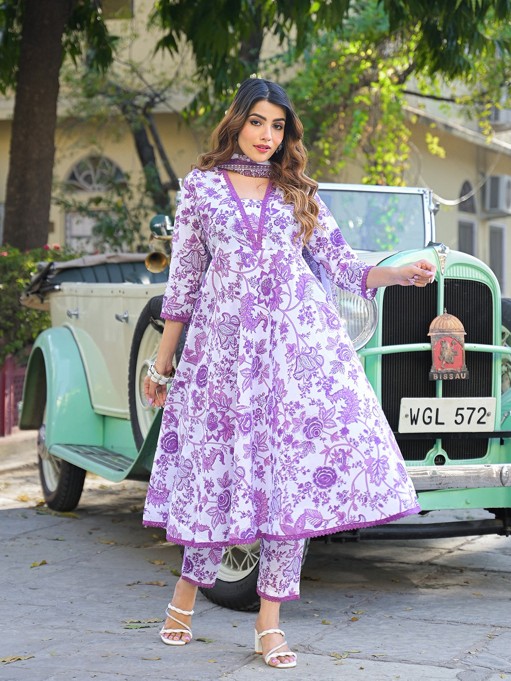 Purple Floral Print Pure Cotton Anarkali Kurta Set With Trousers & Dupatta