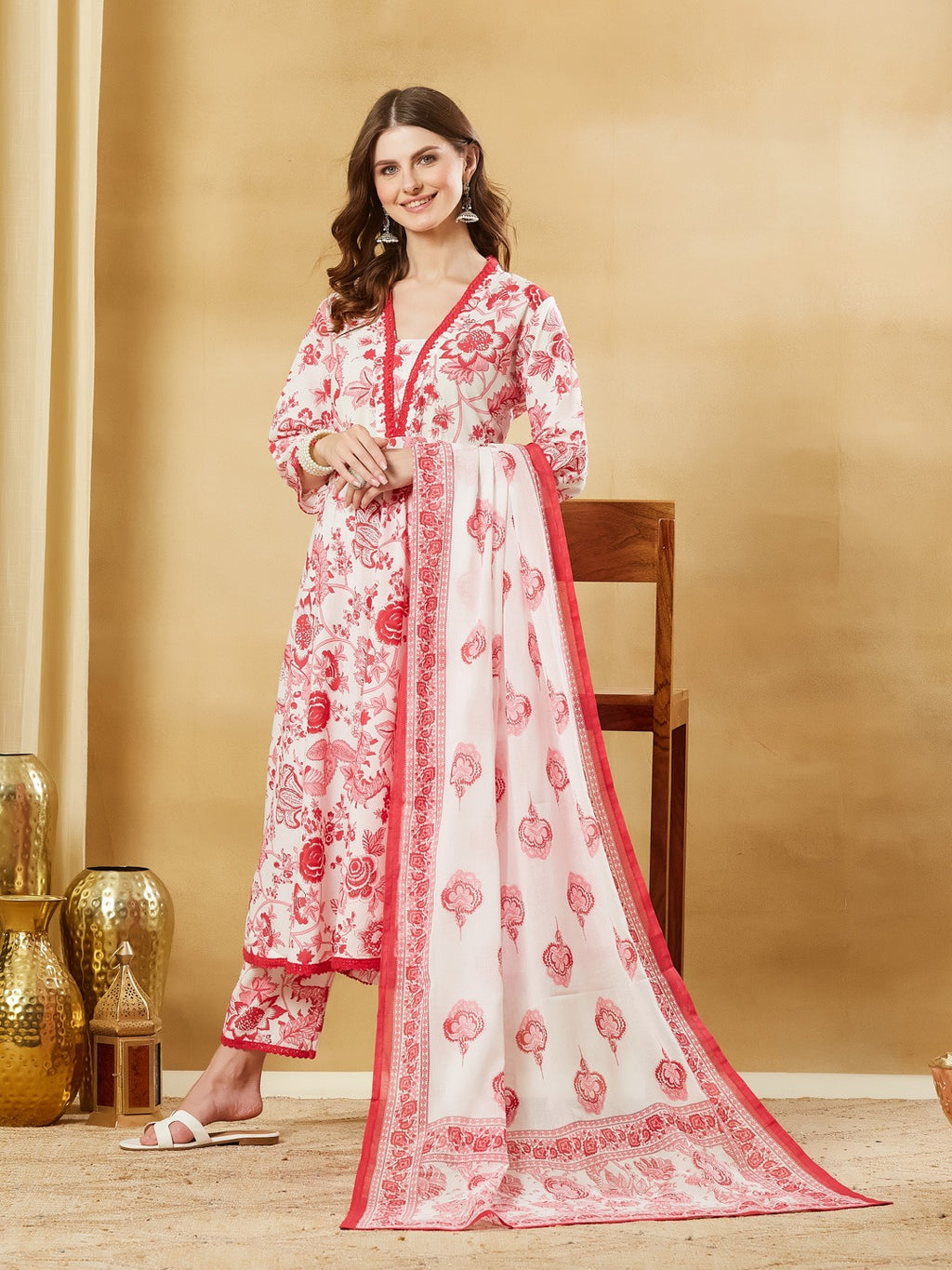 Floral Print Pure Cotton Anarkali Kurta Set With Trousers & Dupatta