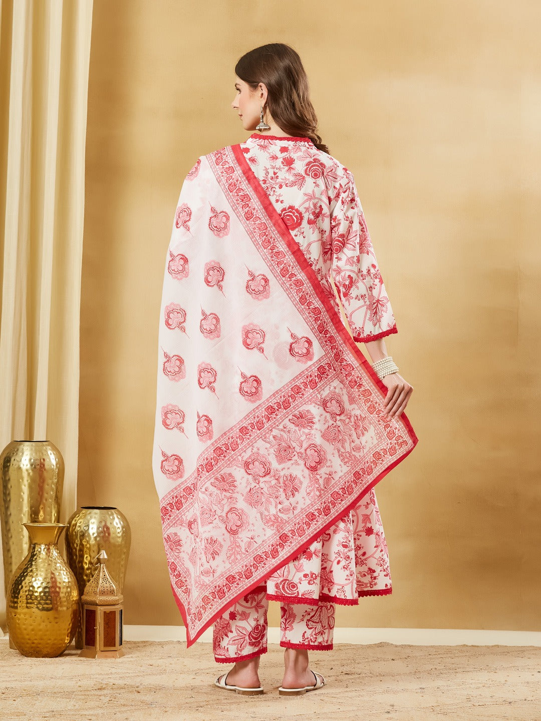 Floral Print Pure Cotton Anarkali Kurta Set With Trousers & Dupatta