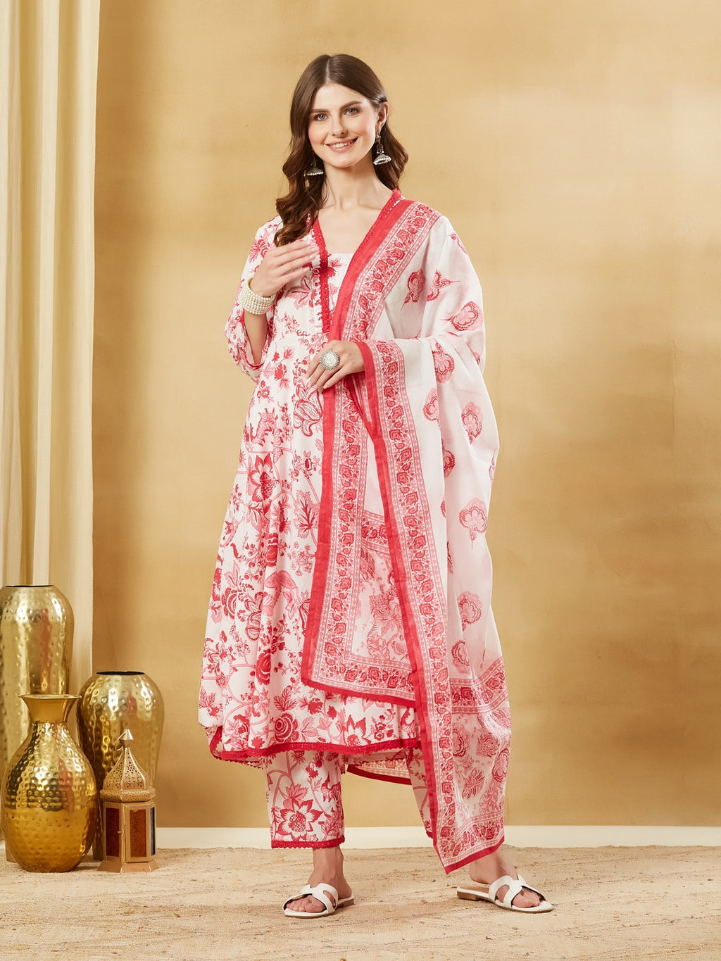 Floral Print Pure Cotton Anarkali Kurta Set With Trousers & Dupatta