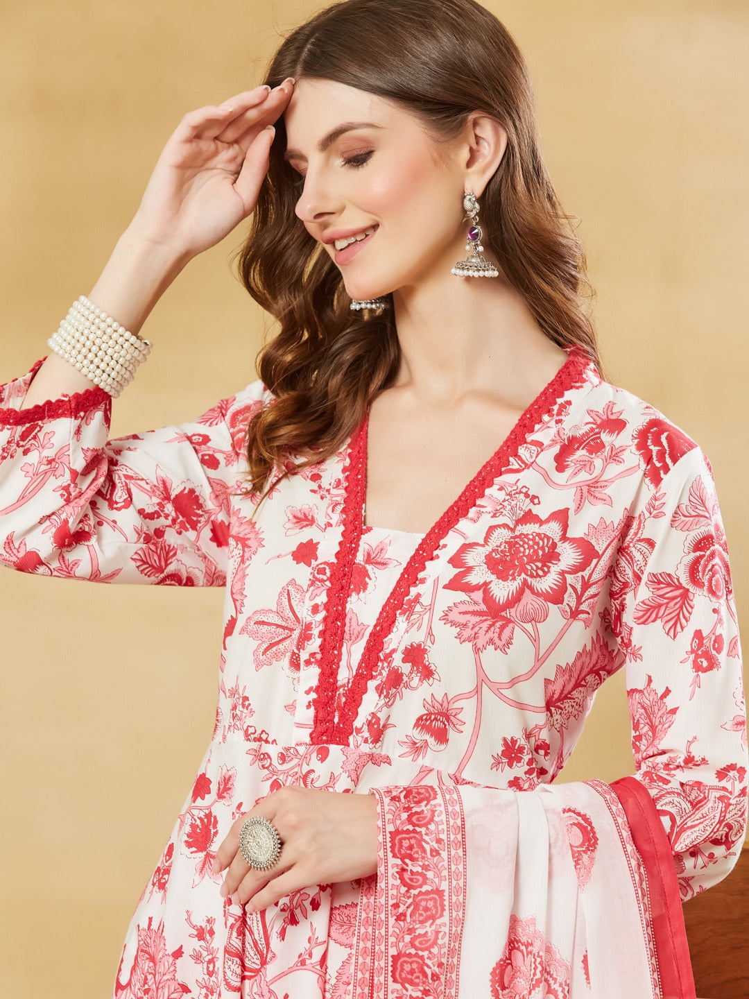 Floral Print Pure Cotton Anarkali Kurta Set With Trousers & Dupatta