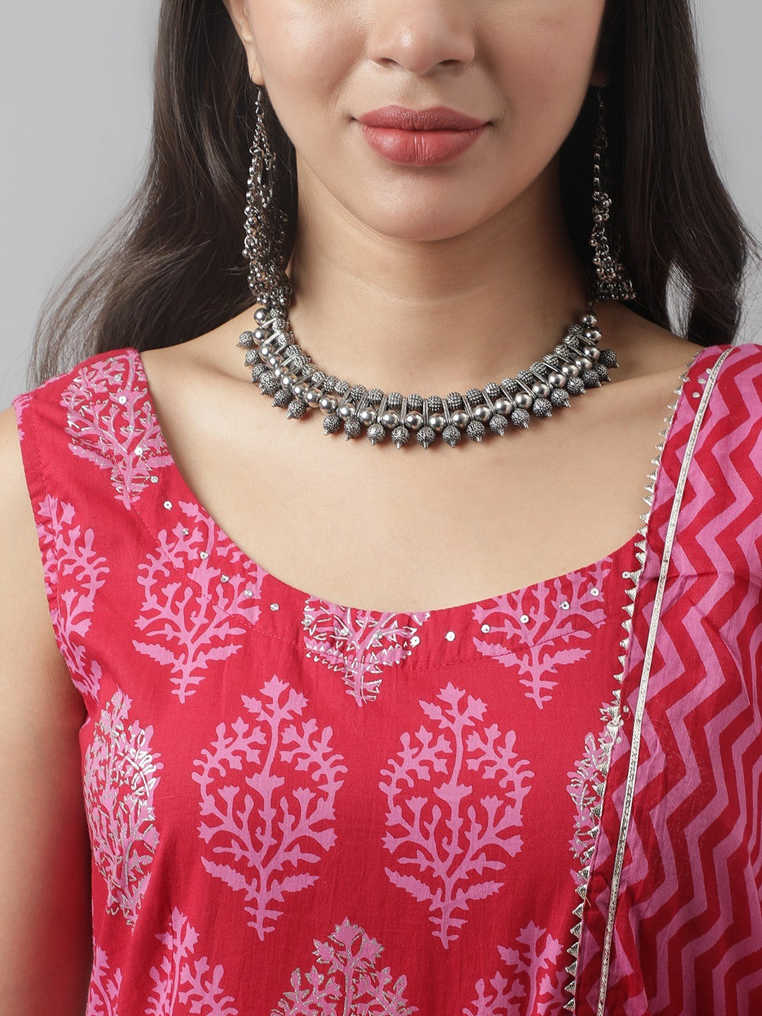 Floral Print Cotton Anarkali Kurta Pant Set With Dupatta