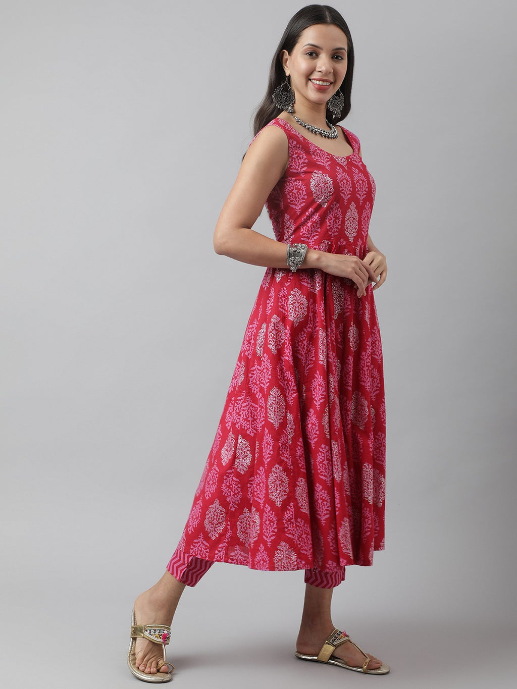 Floral Print Cotton Anarkali Kurta Pant Set With Dupatta