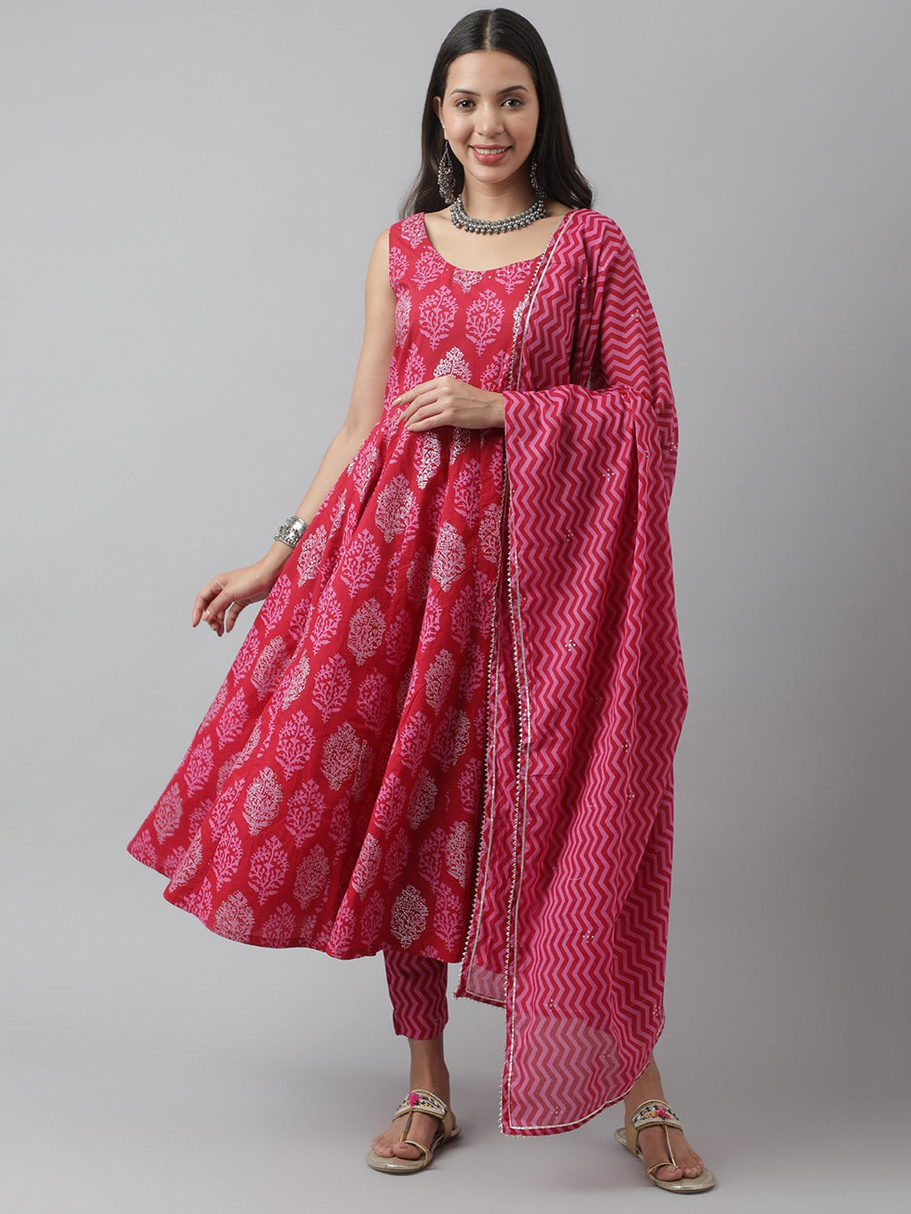 Floral Print Cotton Anarkali Kurta Pant Set With Dupatta