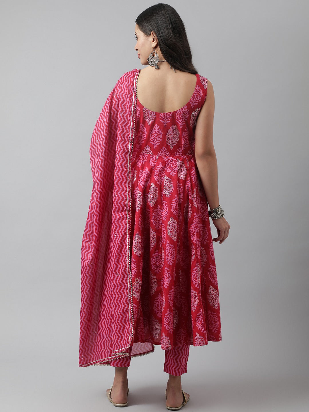 Floral Print Cotton Anarkali Kurta Pant Set With Dupatta
