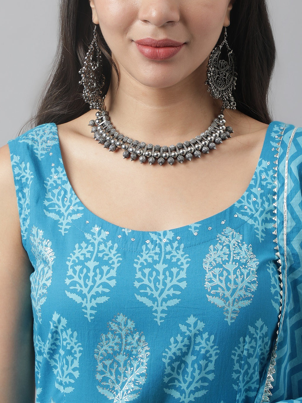 Floral Print Cotton Anarkali Kurta Pant Set With Dupatta