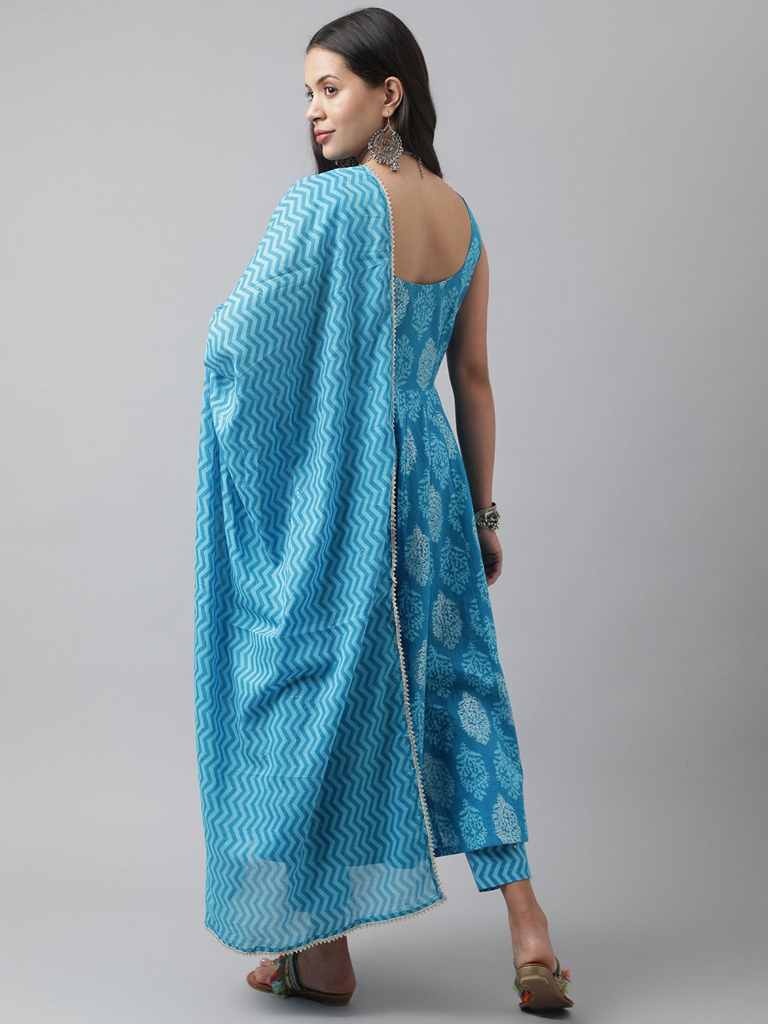Floral Print Cotton Anarkali Kurta Pant Set With Dupatta
