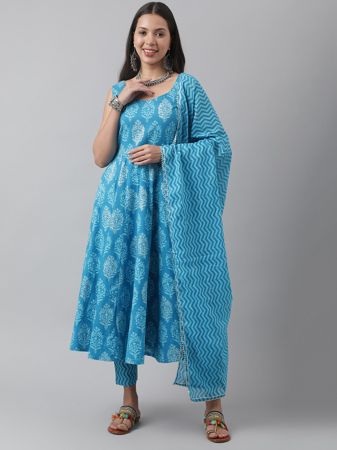 Floral Print Cotton Anarkali Kurta Pant Set With Dupatta
