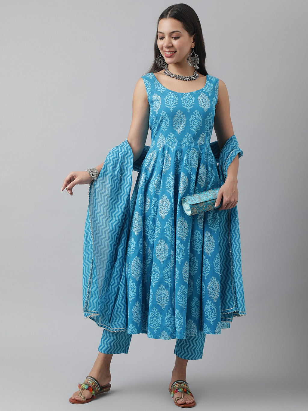 Floral Print Cotton Anarkali Kurta Pant Set With Dupatta
