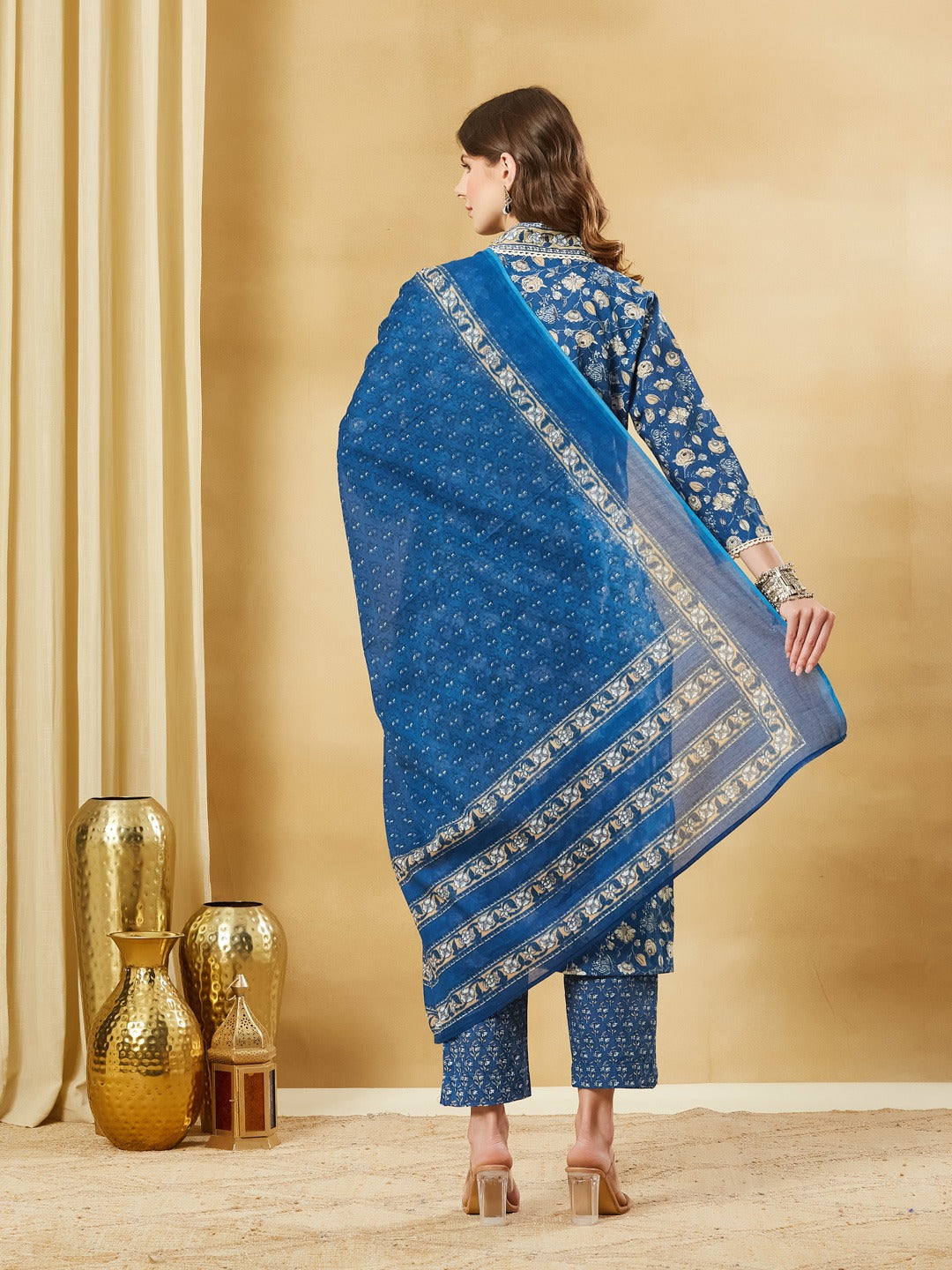 Blue A-Line Pure Cotton Kurta Pant Set With Dupatta