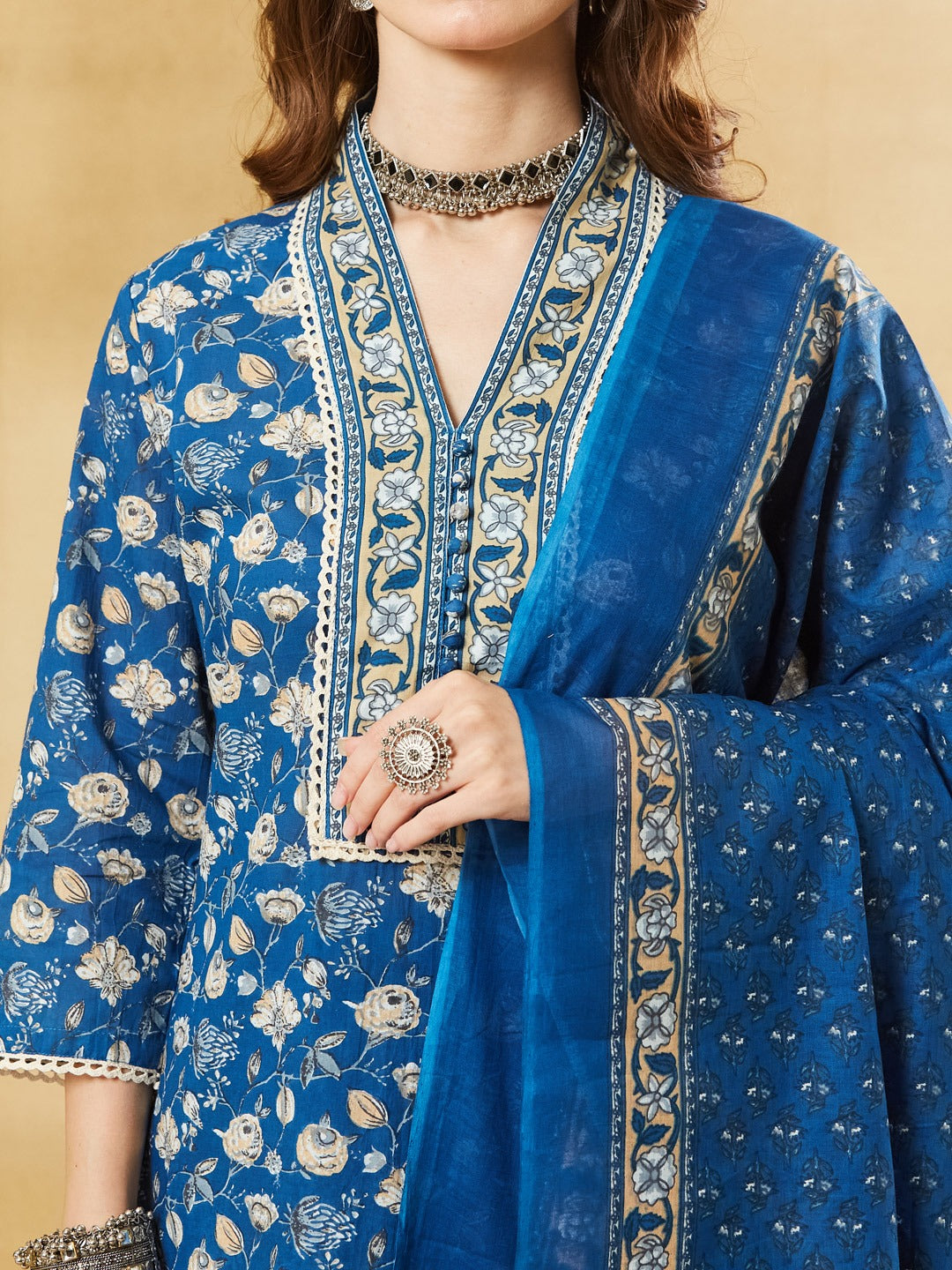 Blue A-Line Pure Cotton Kurta Pant Set With Dupatta