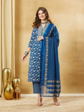 Blue A-Line Pure Cotton Kurta Pant Set With Dupatta
