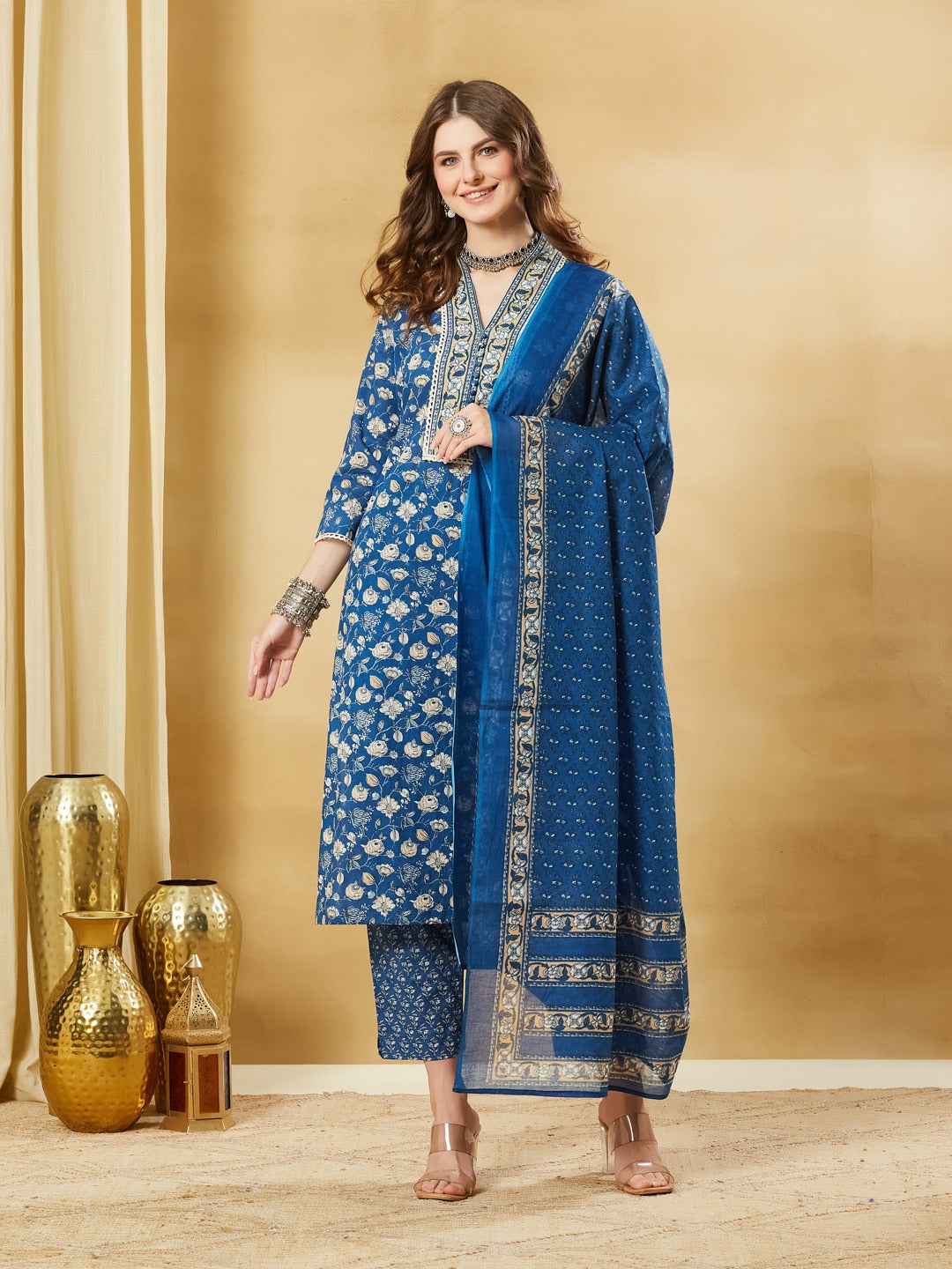 Blue A-Line Pure Cotton Kurta Pant Set With Dupatta