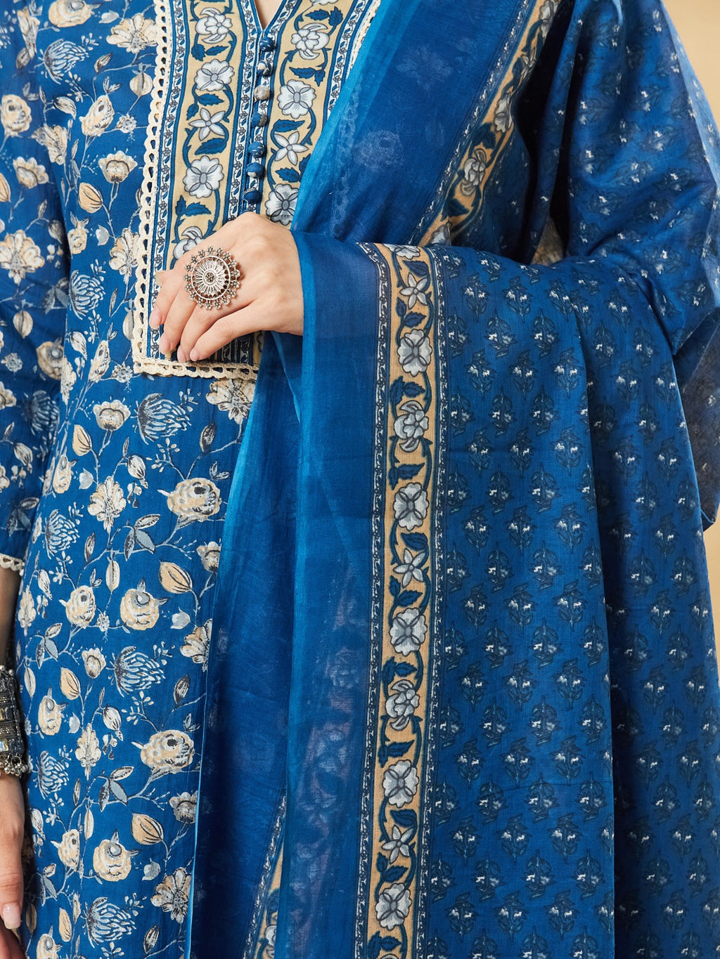 Blue A-Line Pure Cotton Kurta Pant Set With Dupatta