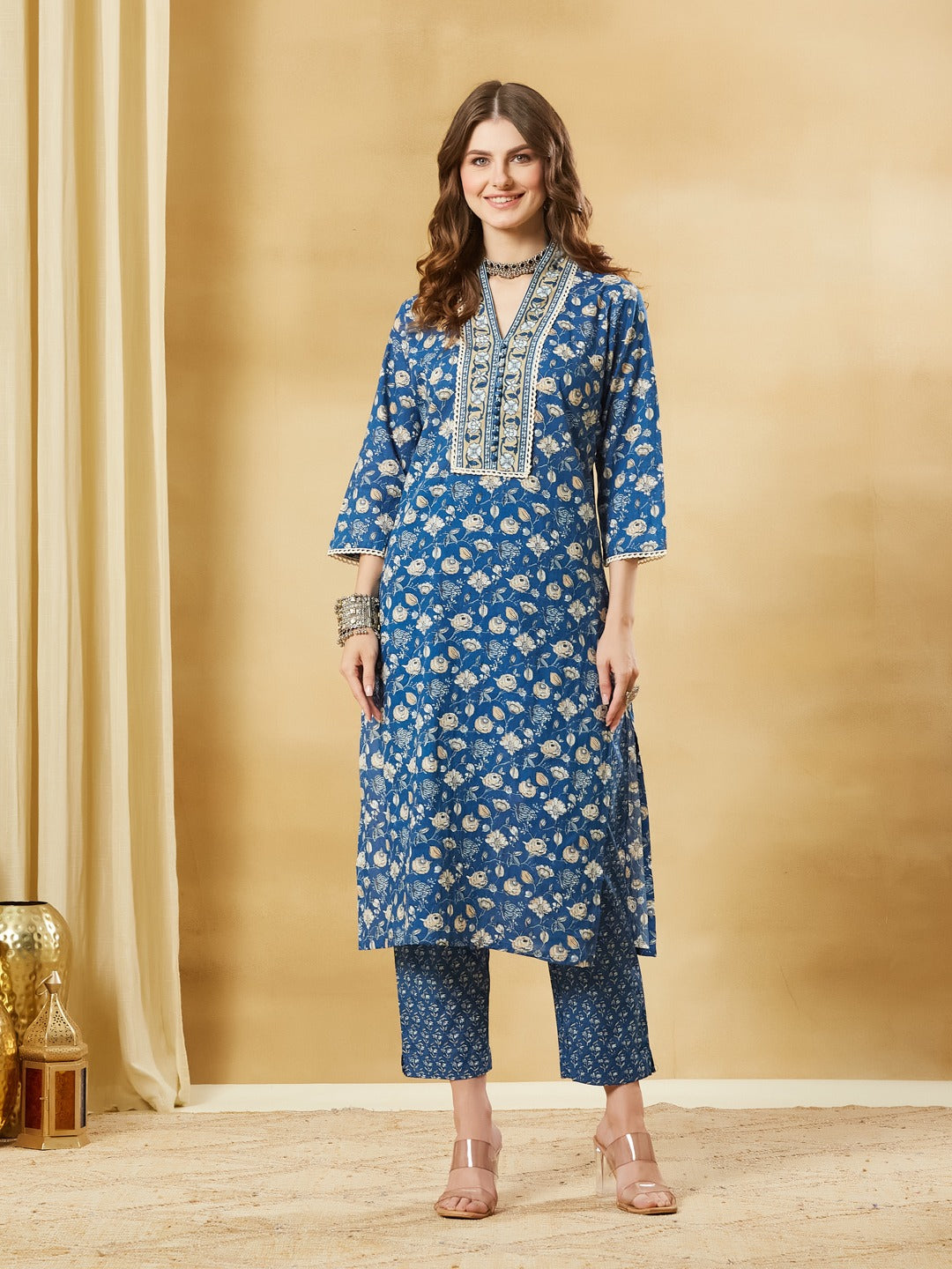 Blue A-Line Pure Cotton Kurta Pant Set With Dupatta