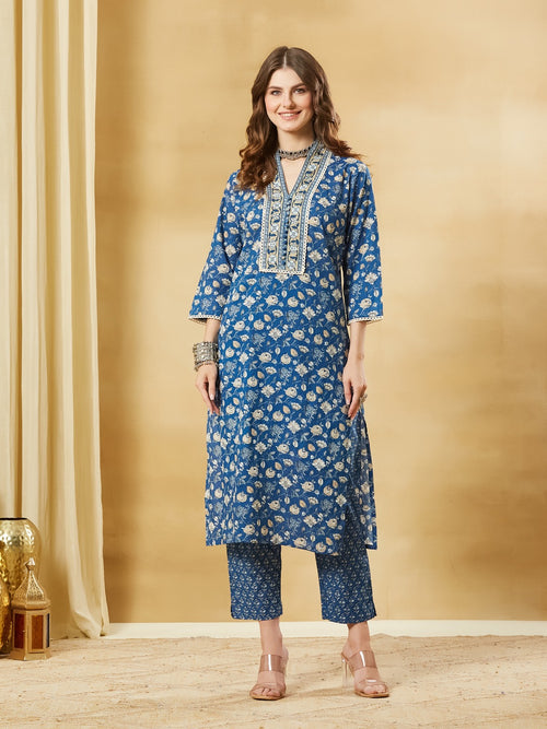 Blue A-Line Pure Cotton Kurta Pant Set With Dupatta