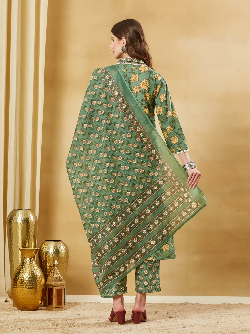Green A-Line Pure Cotton Kurta Pant Set With Dupatta