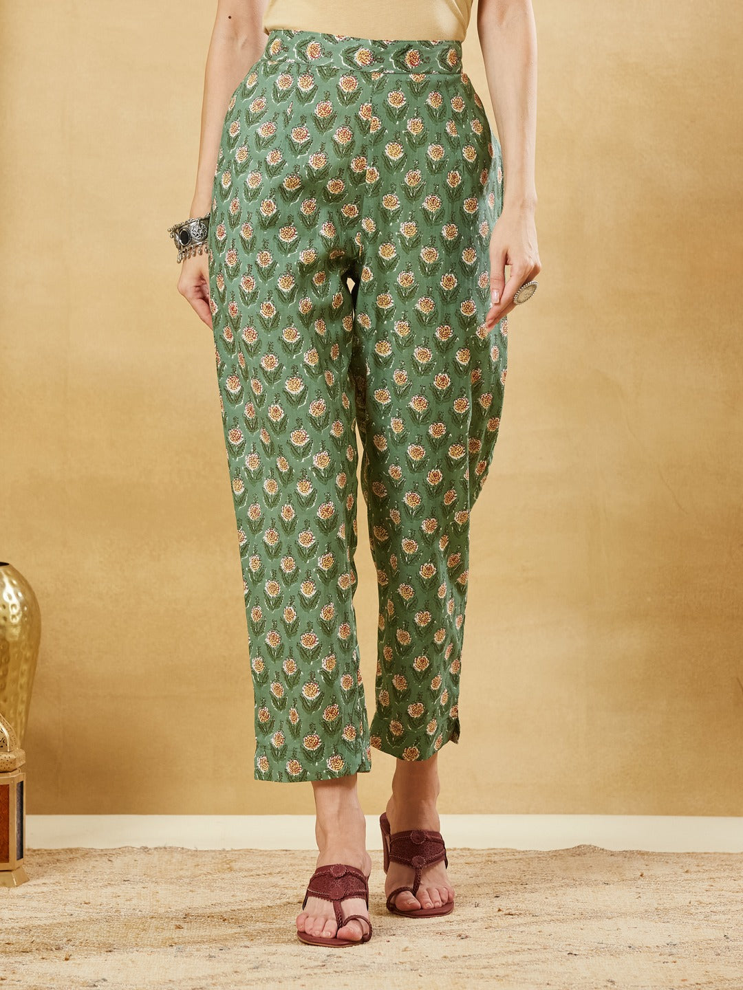 Green A-Line Pure Cotton Kurta Pant Set With Dupatta