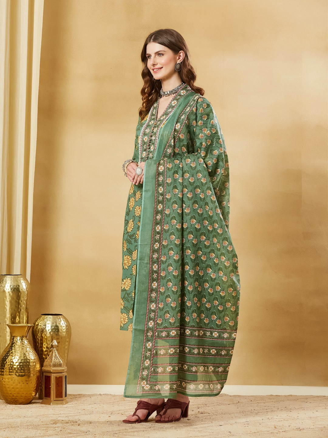 Green A-Line Pure Cotton Kurta Pant Set With Dupatta