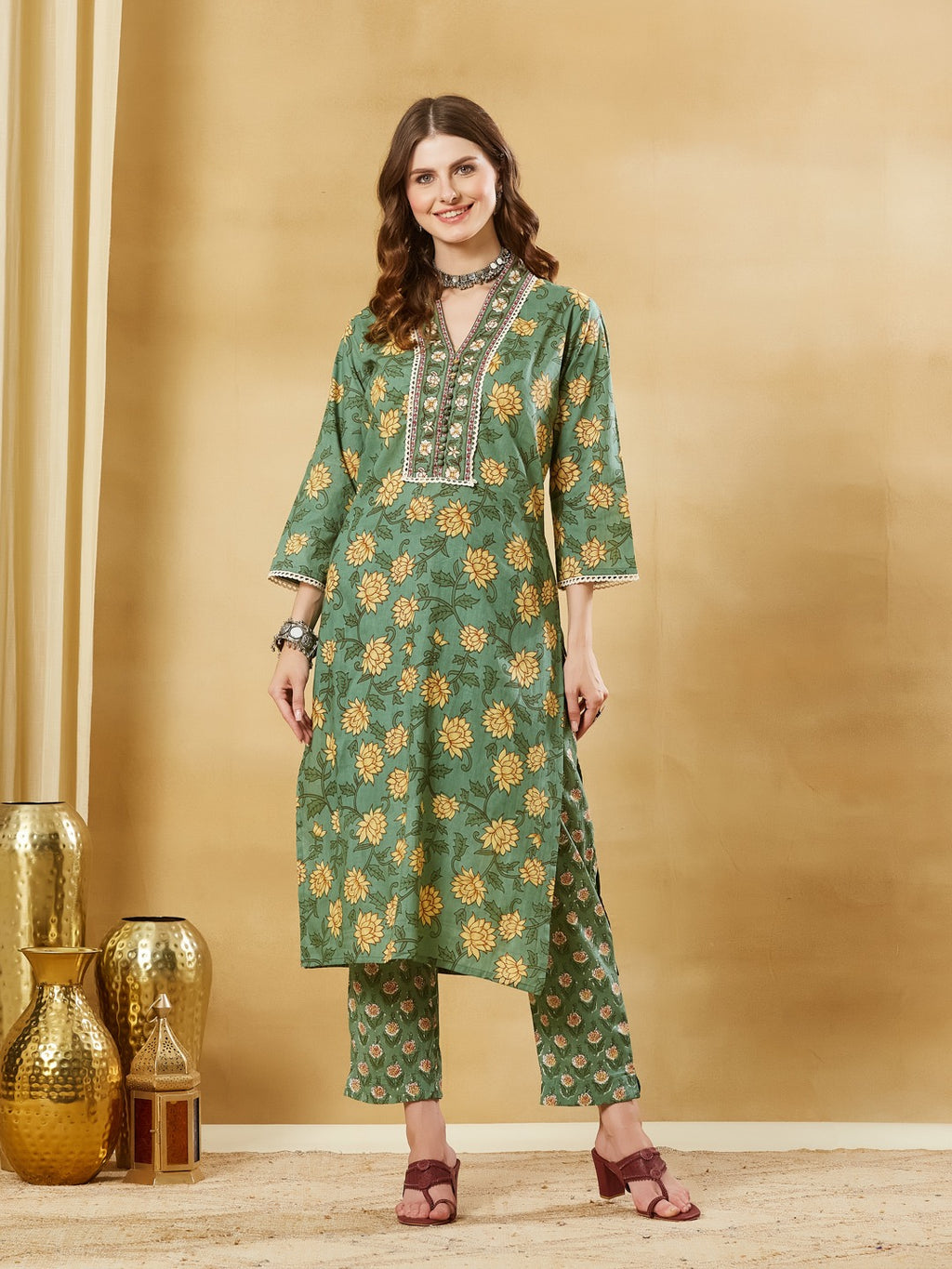 Green A-Line Pure Cotton Kurta Pant Set With Dupatta
