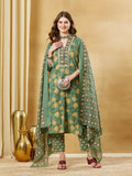 Green A-Line Pure Cotton Kurta Pant Set With Dupatta
