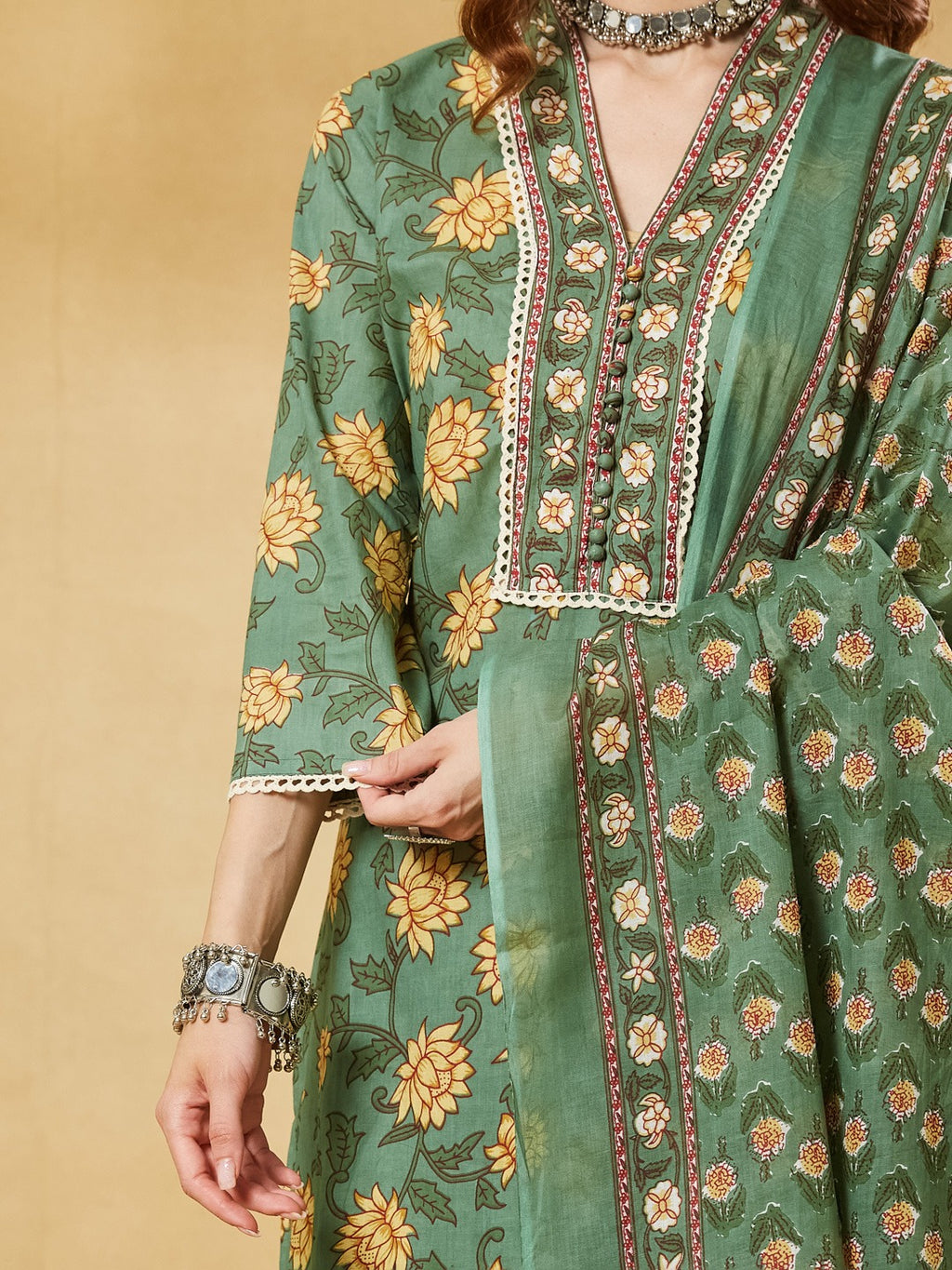 Green A-Line Pure Cotton Kurta Pant Set With Dupatta