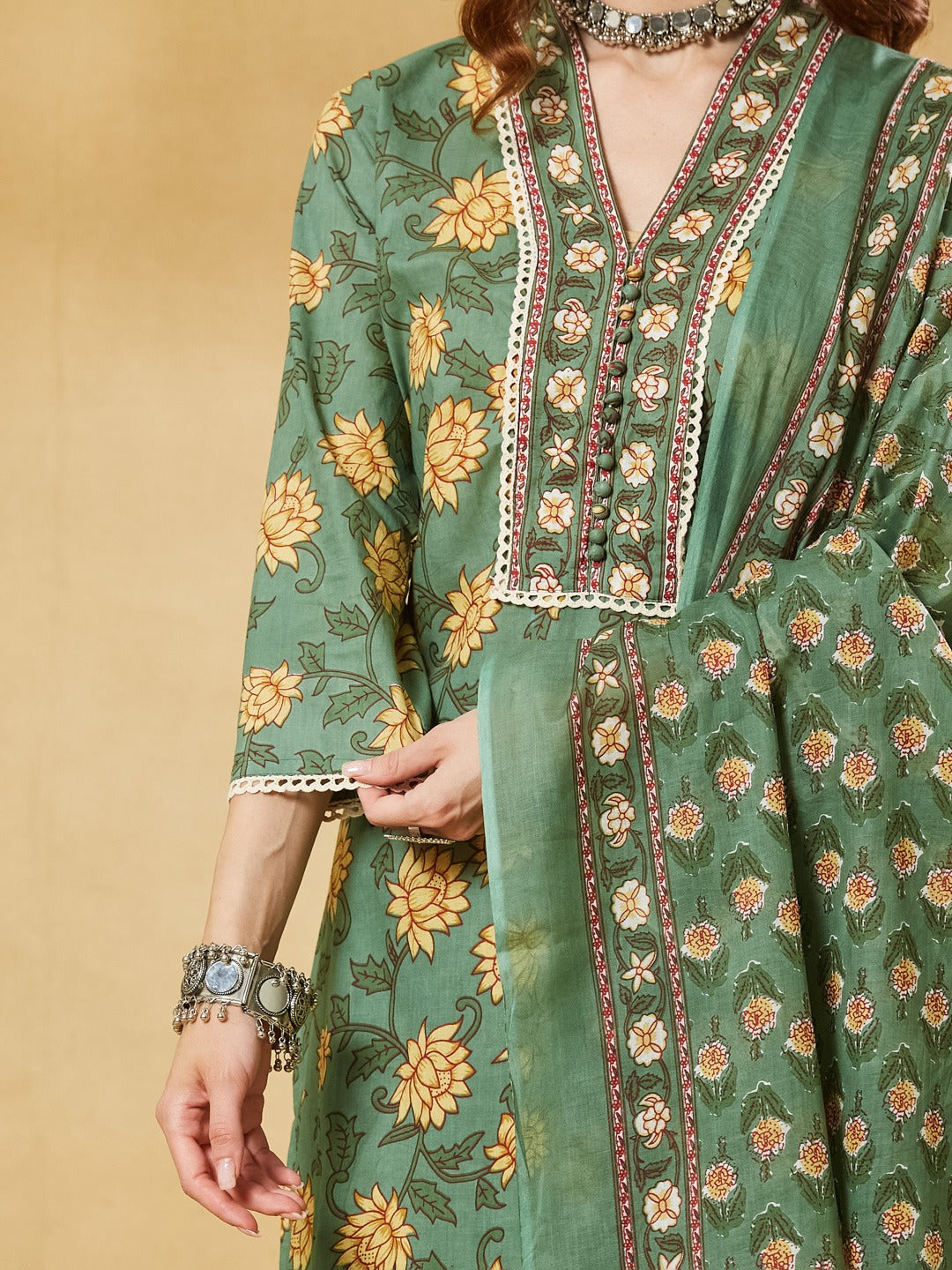 Green A-Line Pure Cotton Kurta Pant Set With Dupatta