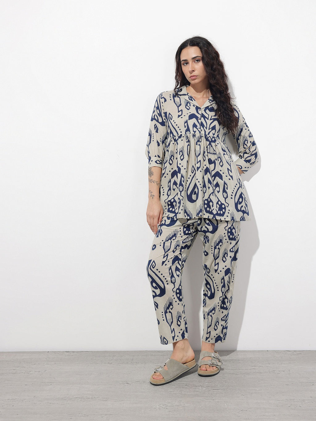 Navy Blue Floral Print Lapel Collar Peplum Co-ord Set