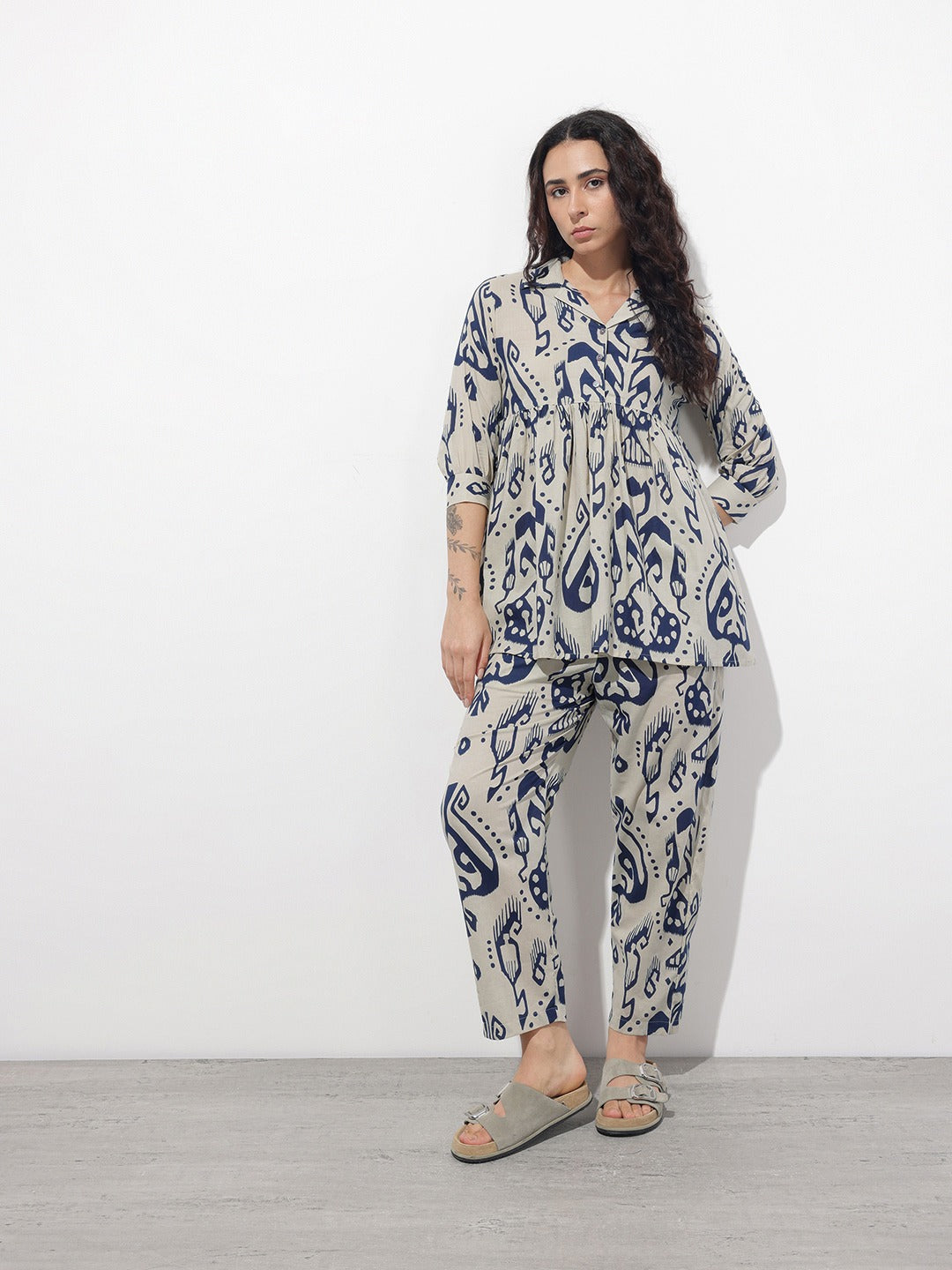 Navy Blue Floral Print Lapel Collar Peplum Co-ord Set