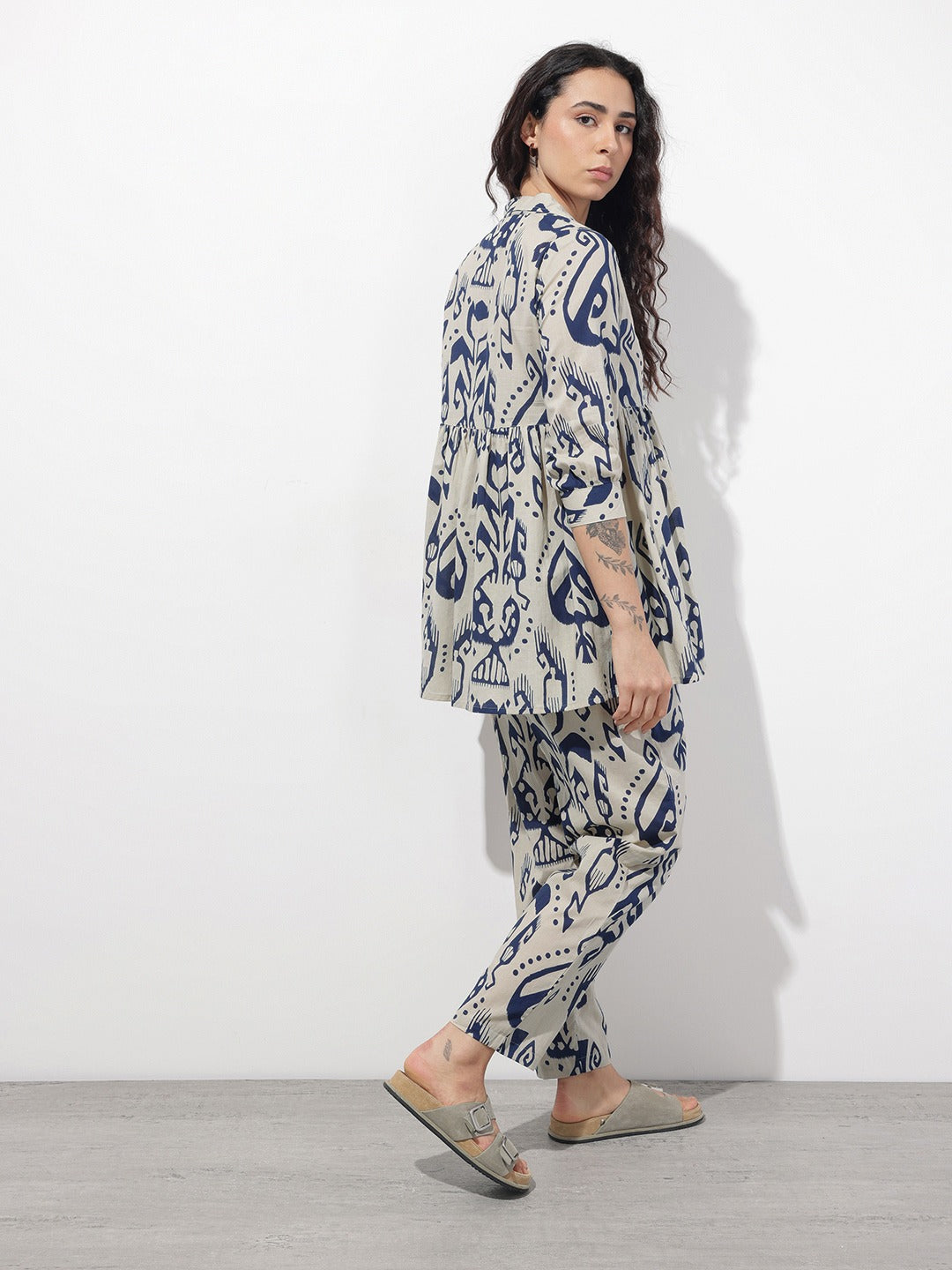 Navy Blue Floral Print Lapel Collar Peplum Co-ord Set